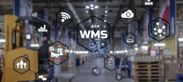 A digital grid of WMS application visuals superimposed on a photo of a warehouse interior