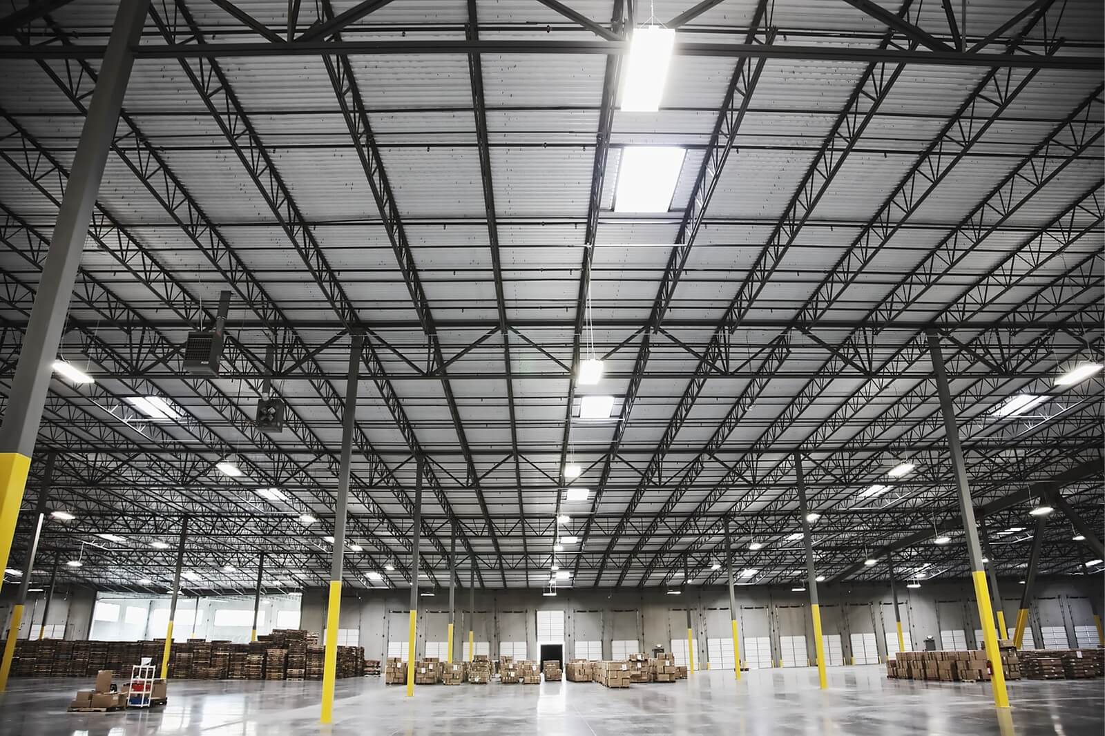 A spacious warehouse with high ceilings