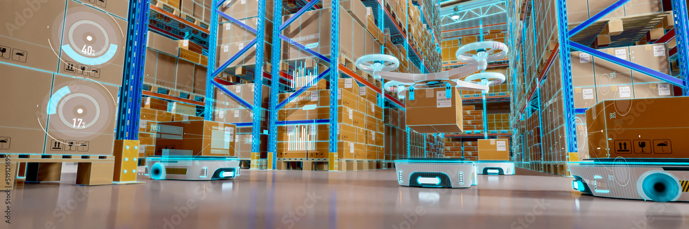 Drones and automated guided vehicle systems operate in a warehouse environment